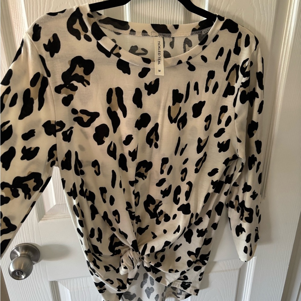Tickled Teal Black and Cream Leopard Blouse slit tie sleeves
